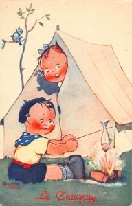 Children Le Camping Boy Girl Fish Fry Art Beatrice Mallet postcard B929
