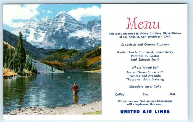 UNITED AIR LINES MENU Advertising ASPEN MAROON BELLS Chef Steubinger Postcard