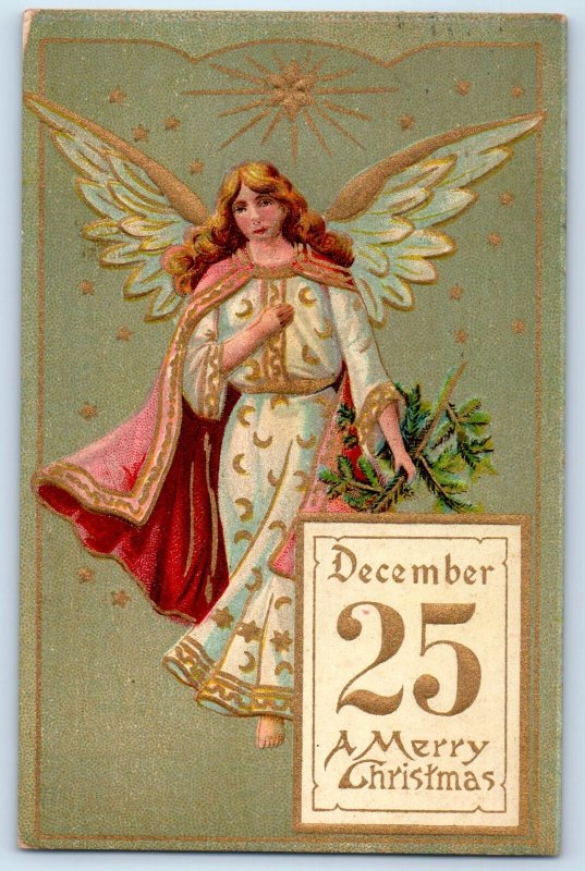 1908 Christmas Angel Calendar Embossed Camden New Jersey NJ Antique Postcard