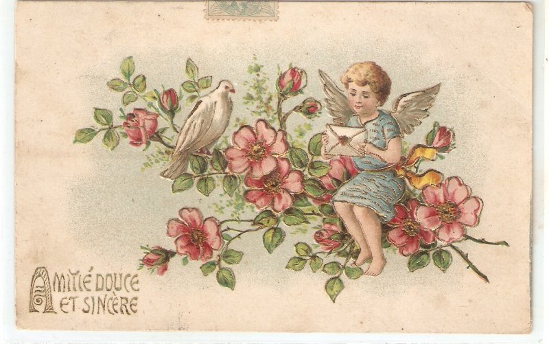 Boy angel with letter. dove, flowerr Lovely old vintage French greetings postc