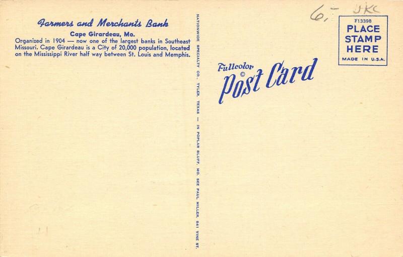 Cape Girardeau MO~Farmers & Merchants Bank~Lobby Interior~Teller Cage~1950 Linen