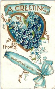 MUSCOTAH, KS Kansas   GREETINGS FROM - Embossed  W/Flowers  1910  Postcard