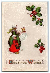 1911 Christmas Dutch Mother Daughter Handwarmer Berries Kempton IL Postcard