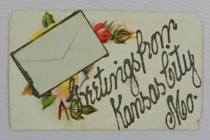 Floral Decoration with Envelope Greetings From Kansas City MO - Vintage Postcard