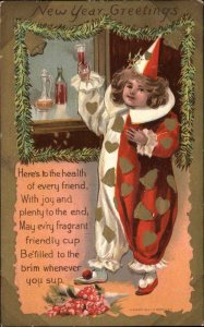 Harlequin Clown Drinks Champagne Toast New Year c1910 Vintage Postcard