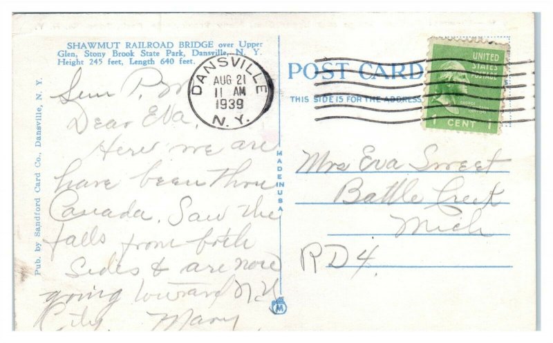 Shawmut Railroad Bridge over Upper Glen, Dansville, NY Postcard *6T1
