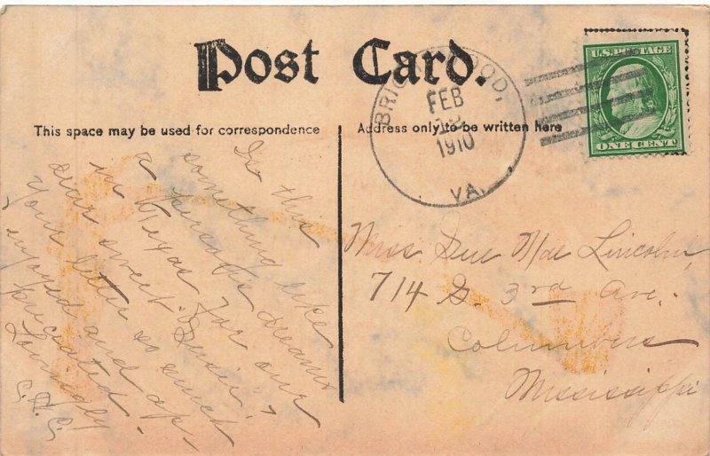 1910 Valentine Pipe Dream Postcard Cupid Hearts Bristol VA Postmark