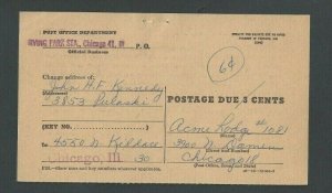 1954 P O Dept Irving Park Station Chicago IL Postage Due 6c POD Form #3547-S----