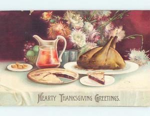 Pre-Linen thanksgiving signed ROAST TURKEY BIRD AND PIE ON THE TABLE HQ7466