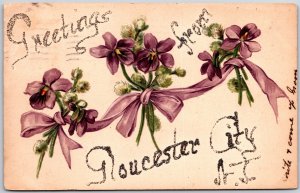 1907 Greetings From Gloucester City Purple Flowers & Ribbon Posted Postcard