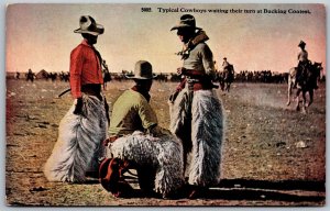 Vtg Typical Cowboys Waiting Their Turn At Bucking Contest Rodeo Western Postcard