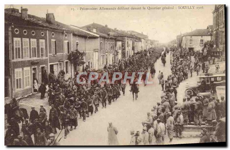 Old Postcard Militaria German prisoners marching past General Souilly Quarter...