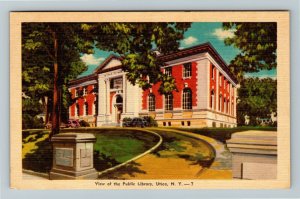Utica NY-New York, View Of Public Library, Linen Postcard 