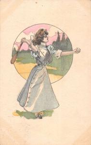 Beauty Woman Playing Tennis Badminton Antique Postcard K39945