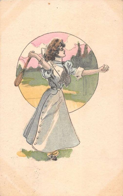 Beauty Woman Playing Tennis Badminton Antique Postcard K39945