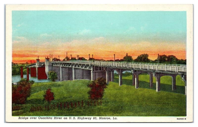 Mid-1900s Bridge over Ouachita River, Monroe, LA Postcard