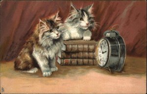 Boulanger Cats - Books & Alarm Clock c1910 TUCK Postcard