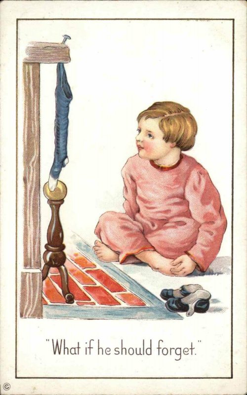 Christmas - Little Boy Sits Waiting at Fireplace Stecher c1915 Postcard