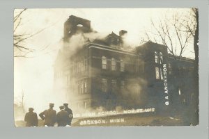 Jackson MINNESOTA RPPC 1912 FIRE SCHOOL Flames Burning nr Worthington Fairmont