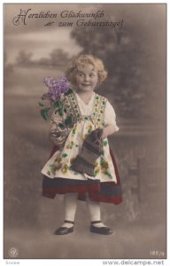 RP; Herzlichen Gluckwunlch zum Geburtstage, Little girl holding purple flow...