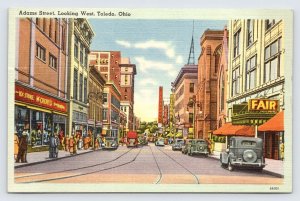 Adams Street Toledo Ohio, Old Cars, Downtown City Life View, Vintage Postcard P9