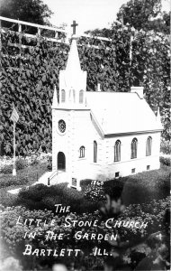 Postcard RPPC 1920s Illinois Bartlett Little Stone Church in Garden IL24-715