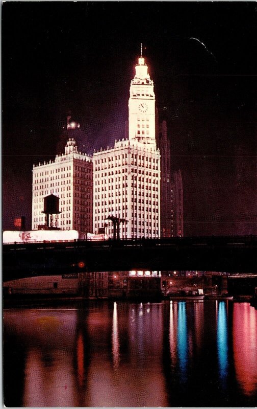 Reflections On Chicago River Wrigley Bldg Night View IL Illinois Postcard UNP 