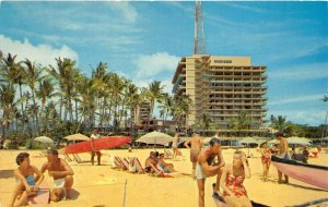 Waikiki Honolulu Hawaii 1960s Postcard Beach Hilton Hawaiian Village Surfboard