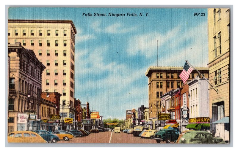 Postcard NY Falls Street Niagara Falls, N. Y. New York Old Cars Signs Storefront