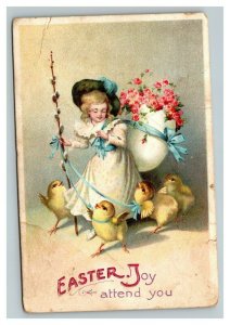 Vintage 1910's International Art Easter Postcard - Girl Giant Egg Chicks Flowers