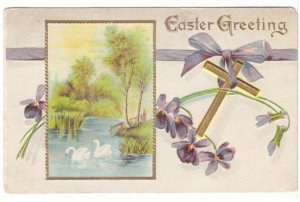 Easter Greeting, Swans In Rural Scene, Cross, Flowers, 1912 Winsch Back Postcard