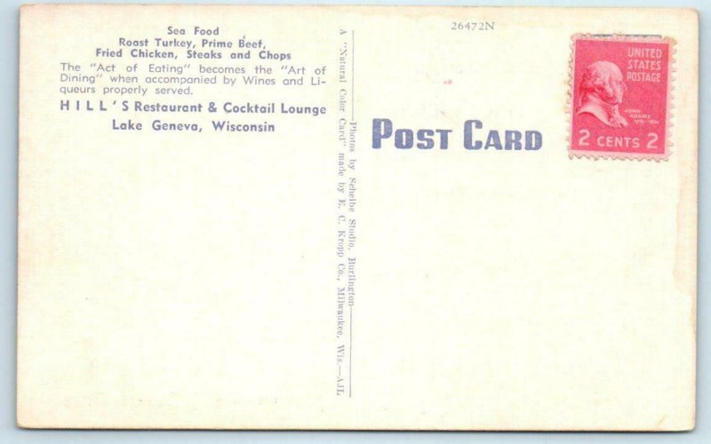 LAKE GENEVA, Wisconsin WI ~ Roadside HILL'S RESTAURANT c1940s Linen Postcard