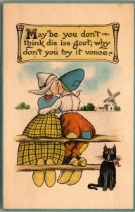 Vtg 1910s Dutch Girl and Boy Kissing Black Cat Comic Cartoon Postcard