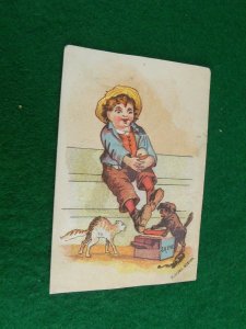 Victorian Card Anthropomorphic Dog Shoe-Shine Boy Hissing Cat Humorous