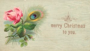 1880s-90s A Merry Christmas to You Pink Rose Embossed Trade Card