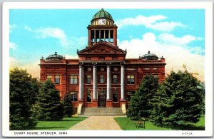 Court House Spencer Iowa IA Front Building Landscape Pine Trees Postcard