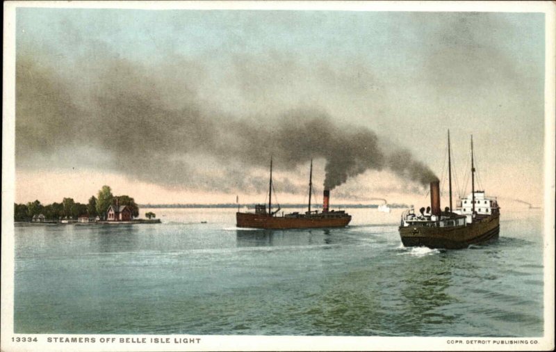 Steamships & Lighthouse - Belle Isle MI c1910 Detroit Publishing Postcard