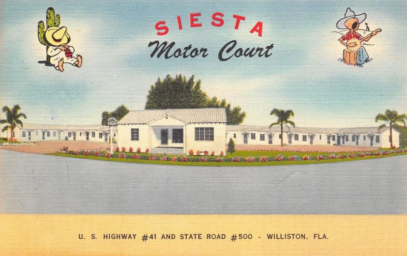 Williston FL~Siesta Motor Court~Roadside Motel~Cartoon Characters~1950 Linen 