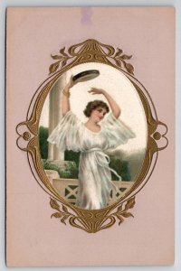 Pretty Woman With Tambourine Silk Applique Ornate Gilded Postcard B39