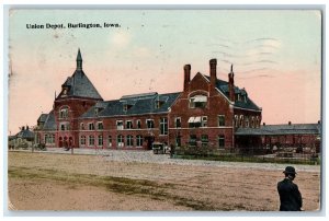 1919 Front View of Union Depot Burlington Iowa IA Antique Postcard