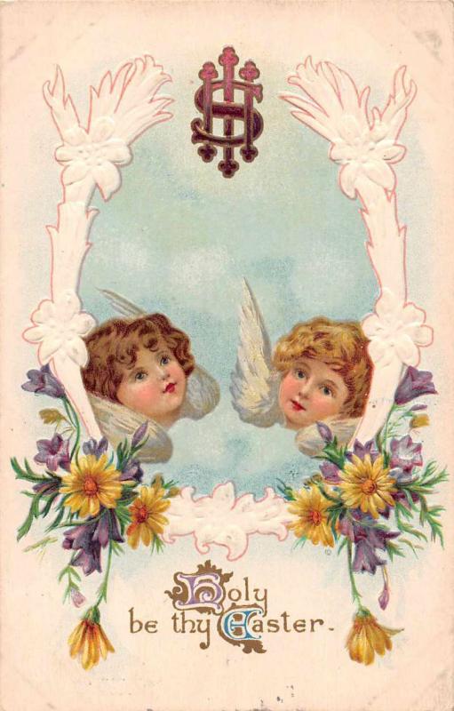 Easter Greetings Angel Faces Cherubs Antique Postcard J75608