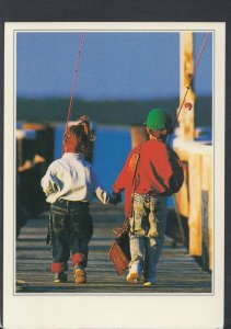 Children Postcard - Boy and Girl Holding Hands Going Fishing  RR7241