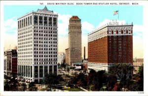 Detroit MI Michigan DAVID WHITNEY BLDG~BOOK TOWER~STATLER HOTEL ca1920s Postcard