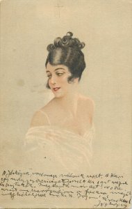 Glamor fancy lovely drawn lady portrait postcard Hungary 1925