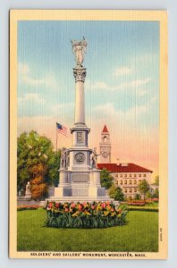 Soldiers Sailors Monument Worcester MA Massachusetts Linen Postcard UNP VTG 