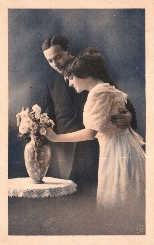 Vintage Postcard Lovers Couple Sweet Moments Flower Vase White Dress Wedding