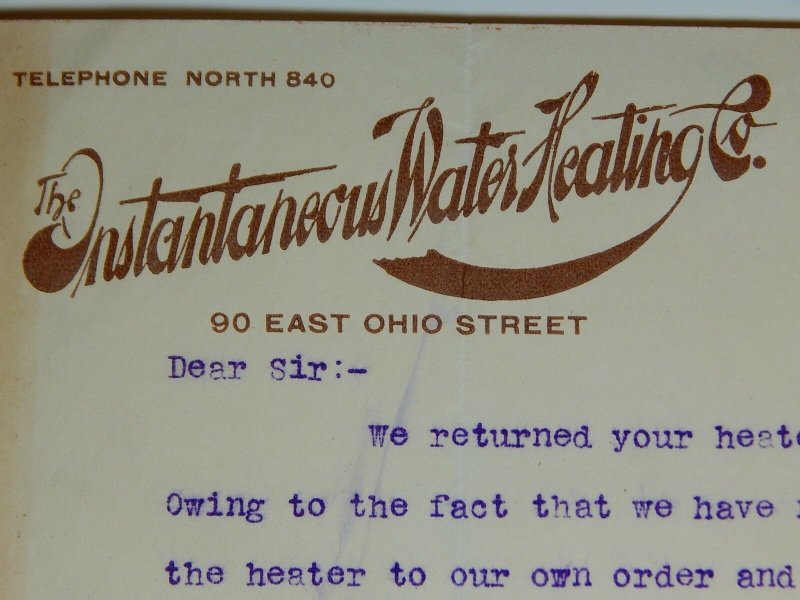 1903 INSTANTANEOUS WATER HEATING CO Inquiry CHICAGO Letterhead