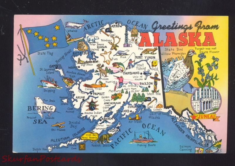 GREETINGS FROM ALASKA STATE MAP VINTAGE POSTCARD