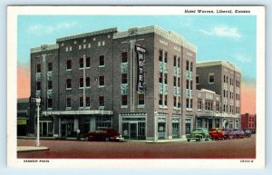 LIBERAL, KS Kansas HOTEL WARREN Street Scene c1930s Cars Seward County  Postcard