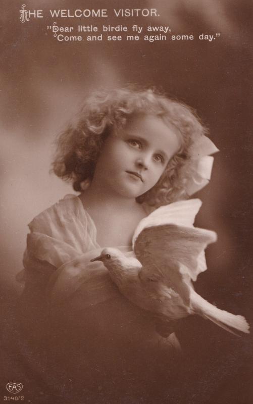 Welcome Visitor Child Pigeon Holding Bird Dove Antique Real Photo Postcard